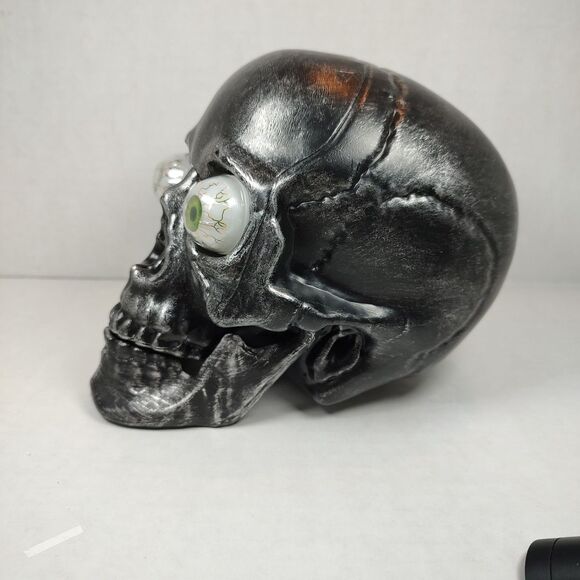 Old East Main Co Black Plastic 7 inch Skull Halloween Tabletop Decor Green Eyes - Picture 7 of 14